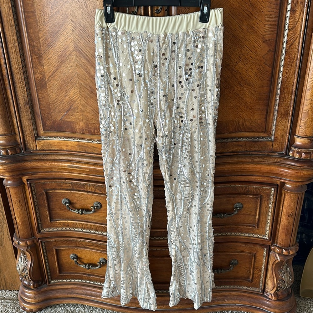 Silver sequence pants with cream background